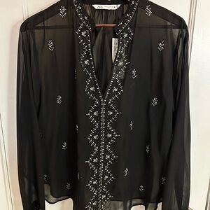 Zara Black Embroidered Sheer Top